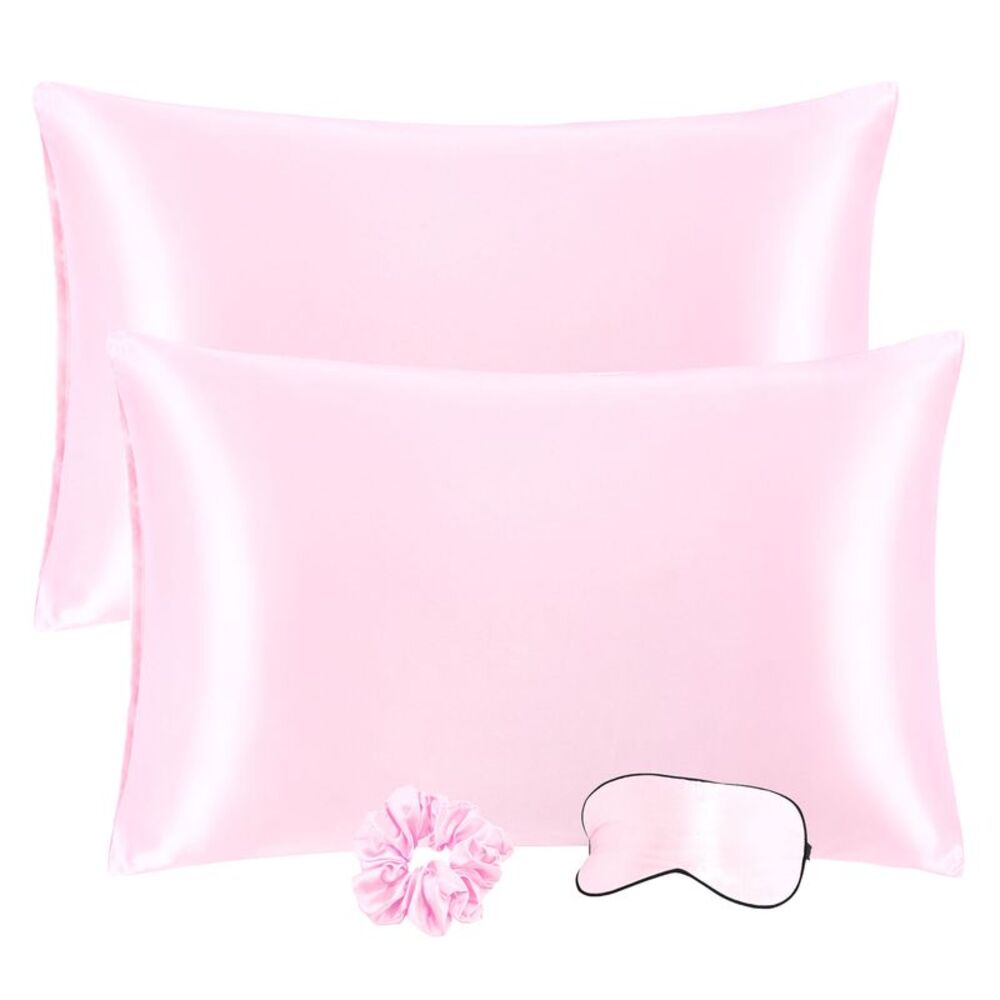 2pcs Satin Bed Pillowcase with Eye Mask & Hair Twister Pink 20"x26"